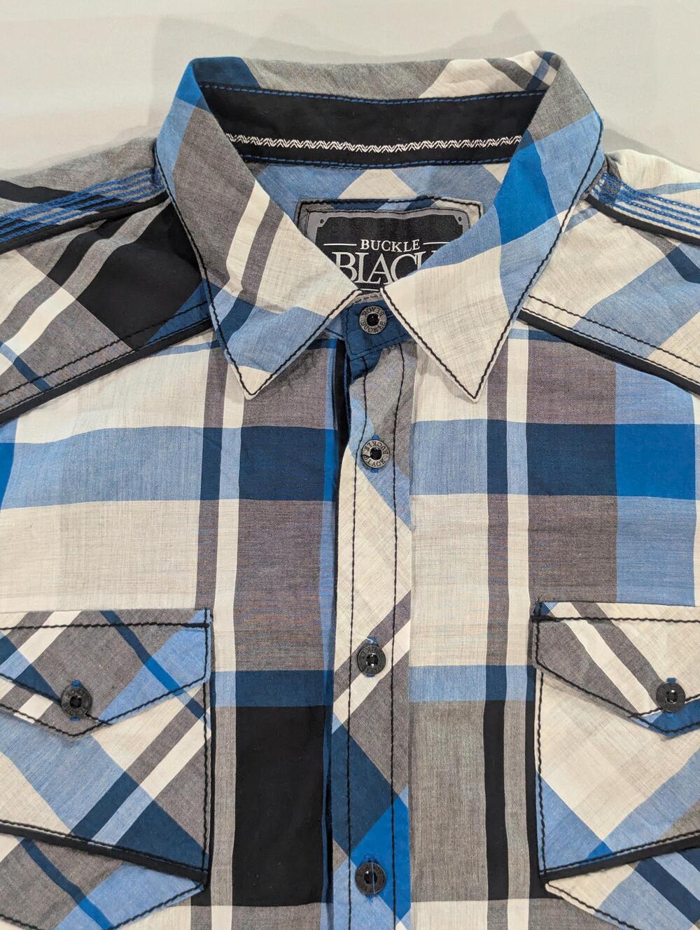Buckle Black Shirt Mens XL Blue Plaid Long Sleeve Button Up Athletic Fit Casual
